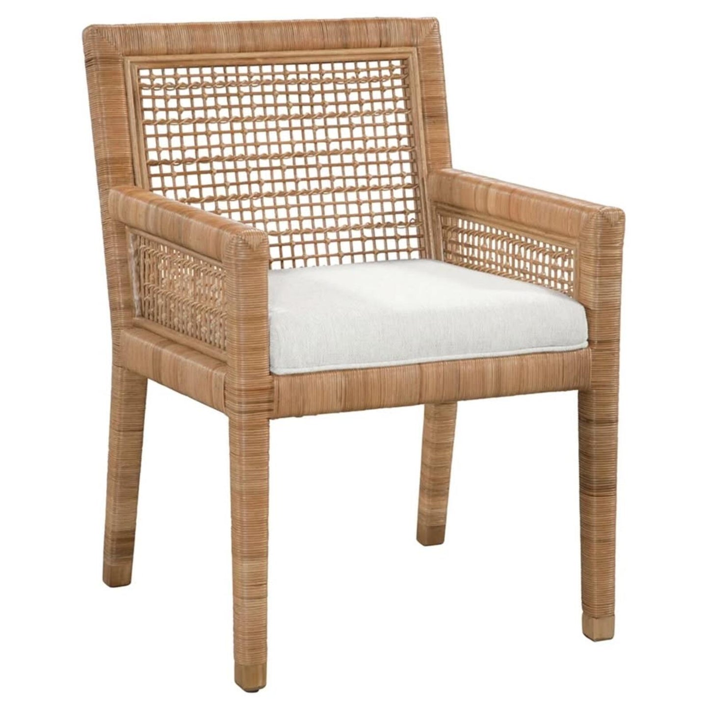 Kathy Kuo Home - Mako Coastal Beach Brown Rattan White Performance Dining Arm Chair,  Like New,